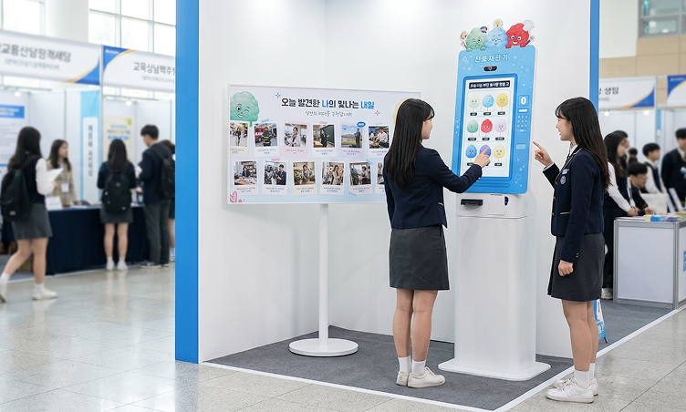 모니터로 자동 정리된 상담 기록을 확인하는 담당자